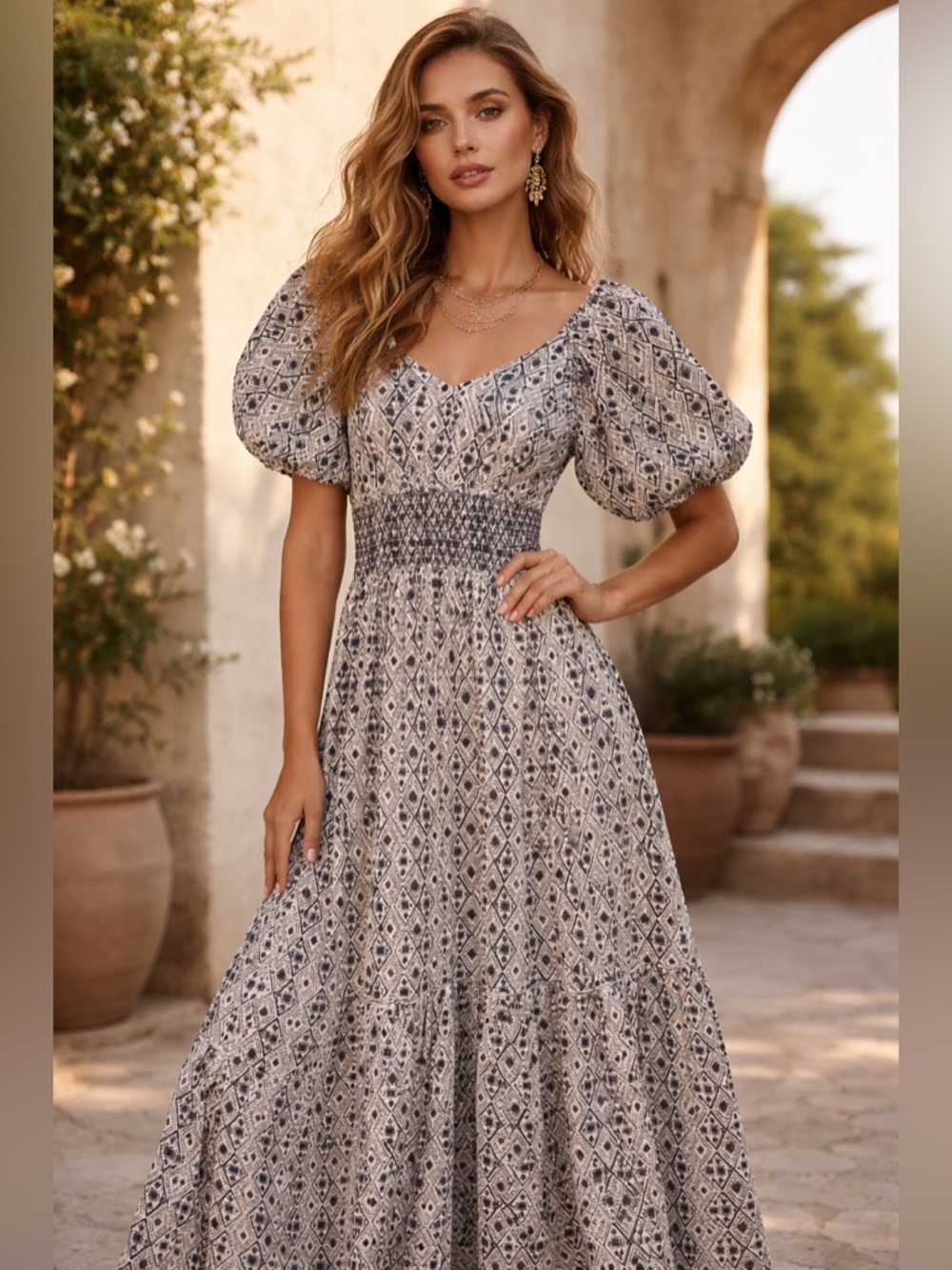 Devoted Boho Chic Maxi Dress – Puff Sleeve Smocked Waist | Size S
